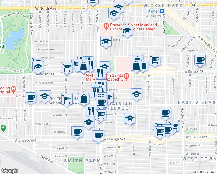 map of restaurants, bars, coffee shops, grocery stores, and more near 2323 West Thomas Street in Chicago