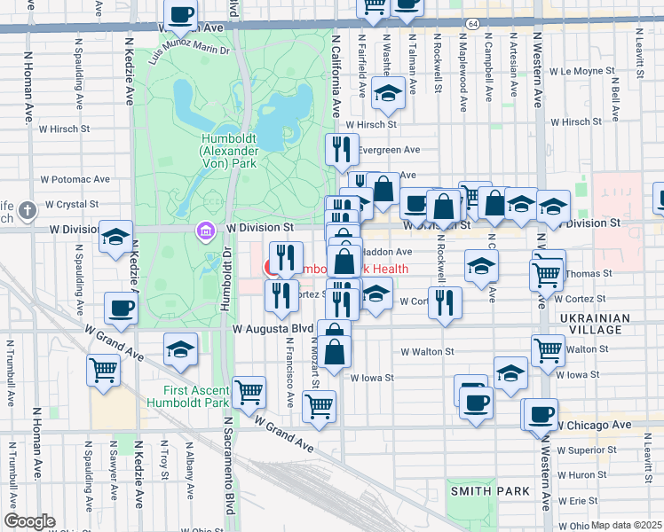 map of restaurants, bars, coffee shops, grocery stores, and more near 2815 West Thomas Street in Chicago