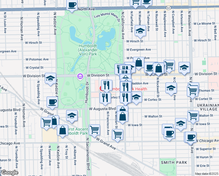 map of restaurants, bars, coffee shops, grocery stores, and more near 1057 North Francisco Avenue in Chicago