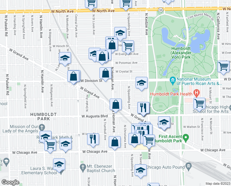 map of restaurants, bars, coffee shops, grocery stores, and more near 1100 North Christiana Avenue in Chicago