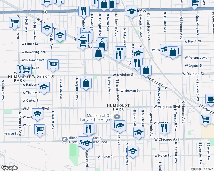 map of restaurants, bars, coffee shops, grocery stores, and more near 1100 North Avers Avenue in Chicago