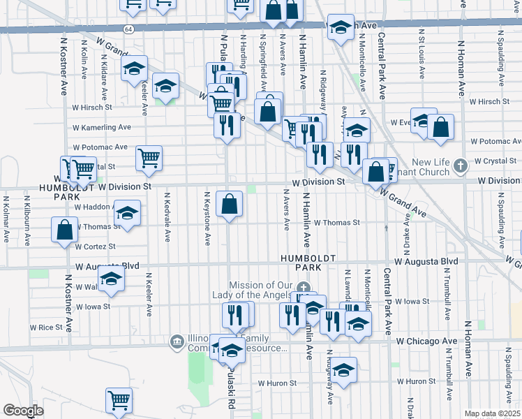 map of restaurants, bars, coffee shops, grocery stores, and more near 1101 North Harding Avenue in Chicago