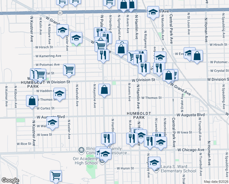 map of restaurants, bars, coffee shops, grocery stores, and more near 1101 North Harding Avenue in Chicago