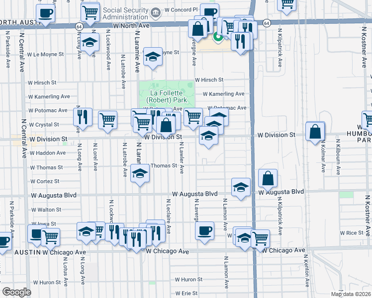 map of restaurants, bars, coffee shops, grocery stores, and more near 1117 North Lawler Avenue in Chicago