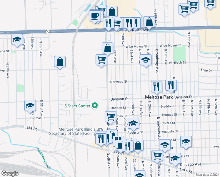 map of restaurants, bars, coffee shops, grocery stores, and more near 1515 25th Avenue in Melrose Park