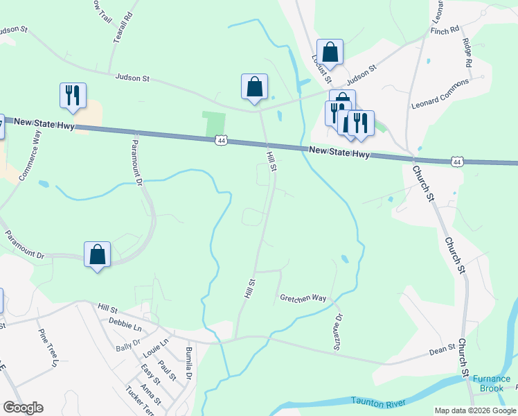 map of restaurants, bars, coffee shops, grocery stores, and more near 17 Essex Circle in Raynham