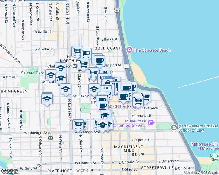 map of restaurants, bars, coffee shops, grocery stores, and more near 33 East Bellevue Place in Chicago