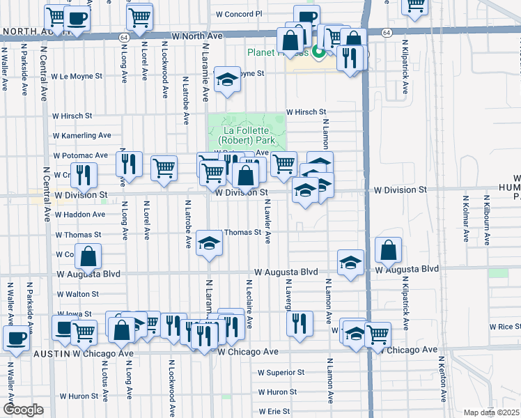map of restaurants, bars, coffee shops, grocery stores, and more near 1117 North Leclaire Avenue in Chicago