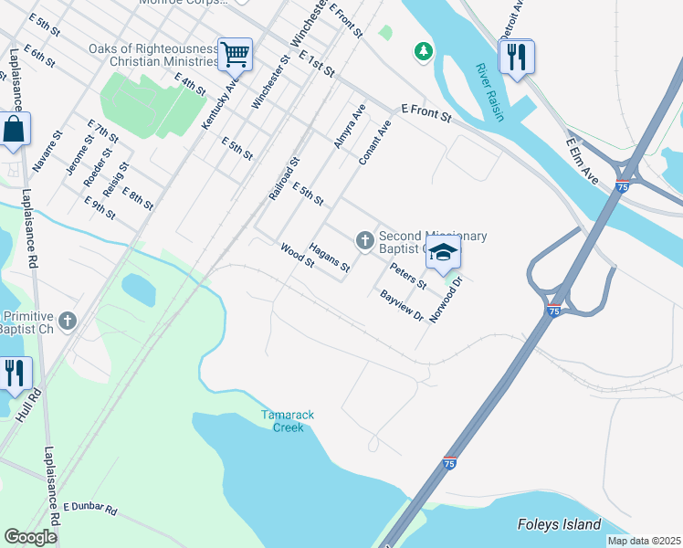 map of restaurants, bars, coffee shops, grocery stores, and more near 625 Clark Street in Monroe