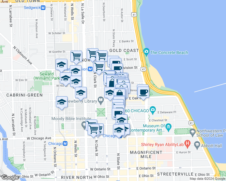 map of restaurants, bars, coffee shops, grocery stores, and more near 1022 North State Street in Chicago