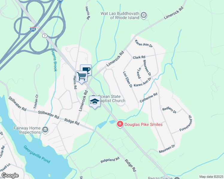 map of restaurants, bars, coffee shops, grocery stores, and more near 40 Orchard Meadows Drive in Smithfield