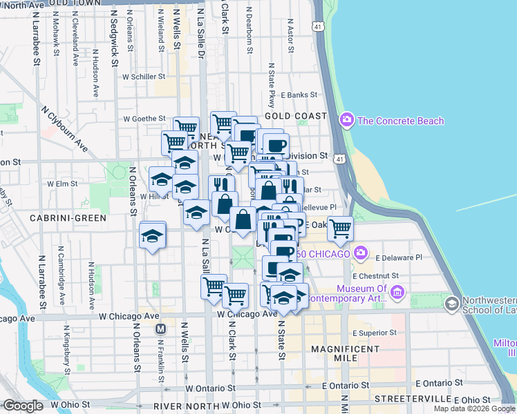 map of restaurants, bars, coffee shops, grocery stores, and more near in Chicago