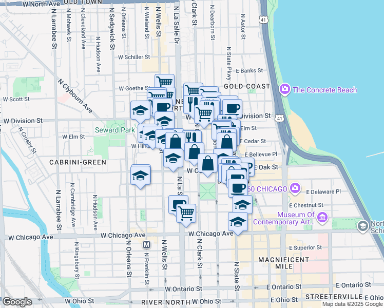 map of restaurants, bars, coffee shops, grocery stores, and more near 1030 North Clark Street in Chicago
