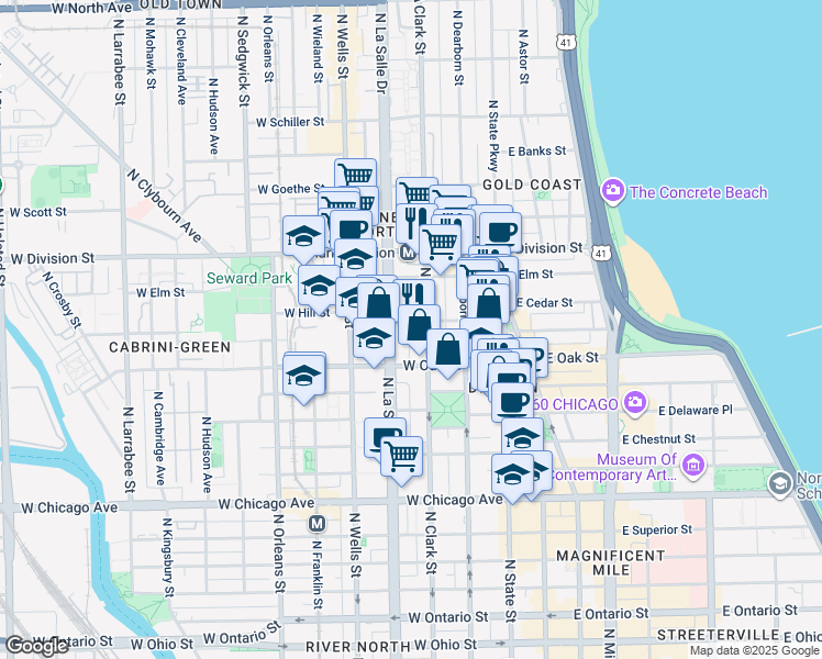 map of restaurants, bars, coffee shops, grocery stores, and more near 1030 North Clark Street in Chicago
