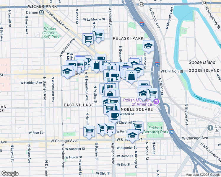 map of restaurants, bars, coffee shops, grocery stores, and more near 1038 North Ashland Avenue in Chicago