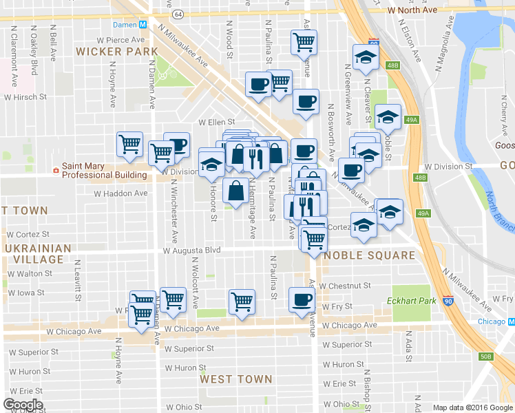 map of restaurants, bars, coffee shops, grocery stores, and more near 1716 West Cortez Street in Chicago