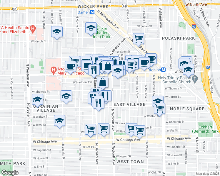 map of restaurants, bars, coffee shops, grocery stores, and more near 1048 North Wolcott Avenue in Chicago