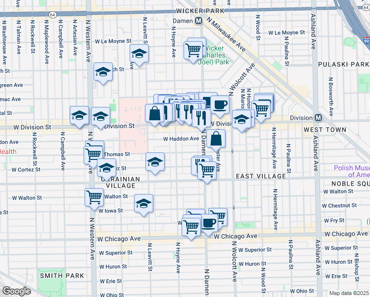 map of restaurants, bars, coffee shops, grocery stores, and more near 1051 North Hoyne Avenue in Chicago