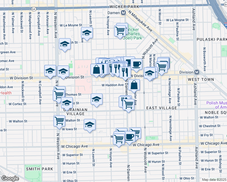 map of restaurants, bars, coffee shops, grocery stores, and more near 1051 North Hoyne Avenue in Chicago