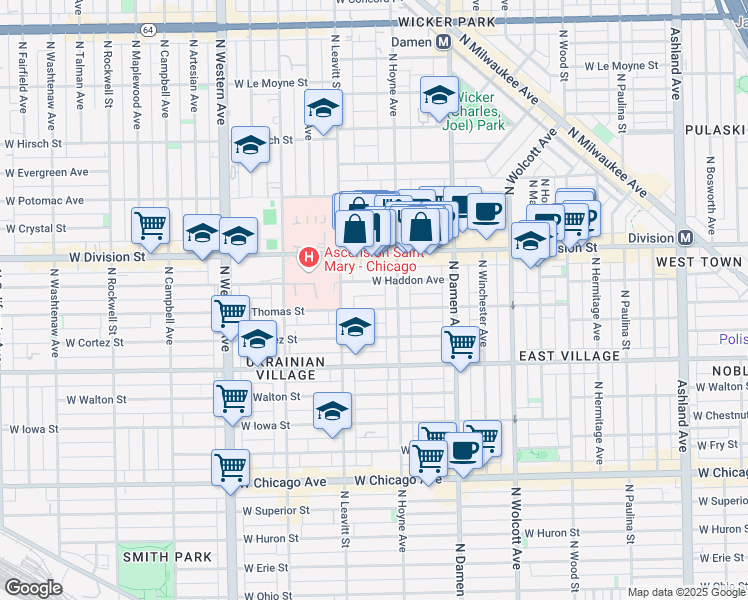 map of restaurants, bars, coffee shops, grocery stores, and more near 2131 West Thomas Street in Chicago