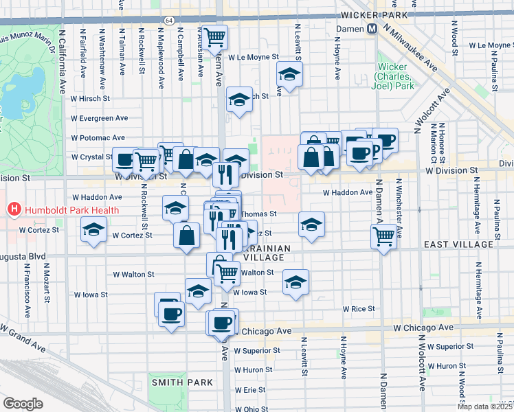 map of restaurants, bars, coffee shops, grocery stores, and more near 2323 West Thomas Street in Chicago