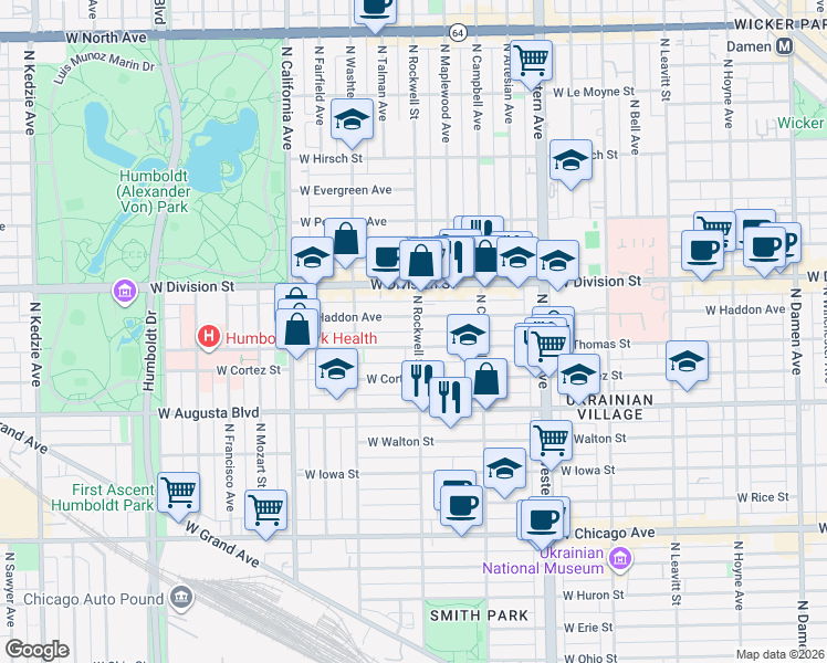map of restaurants, bars, coffee shops, grocery stores, and more near 2551 West Thomas Street in Chicago