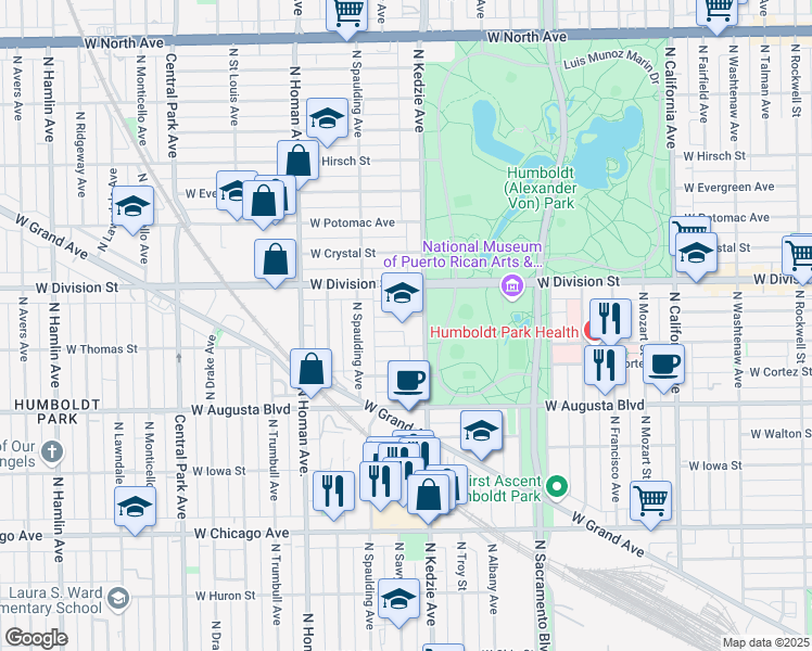 map of restaurants, bars, coffee shops, grocery stores, and more near 3226 West Thomas Street in Chicago
