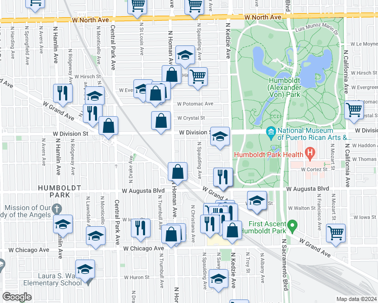 map of restaurants, bars, coffee shops, grocery stores, and more near 1100 North Christiana Avenue in Chicago