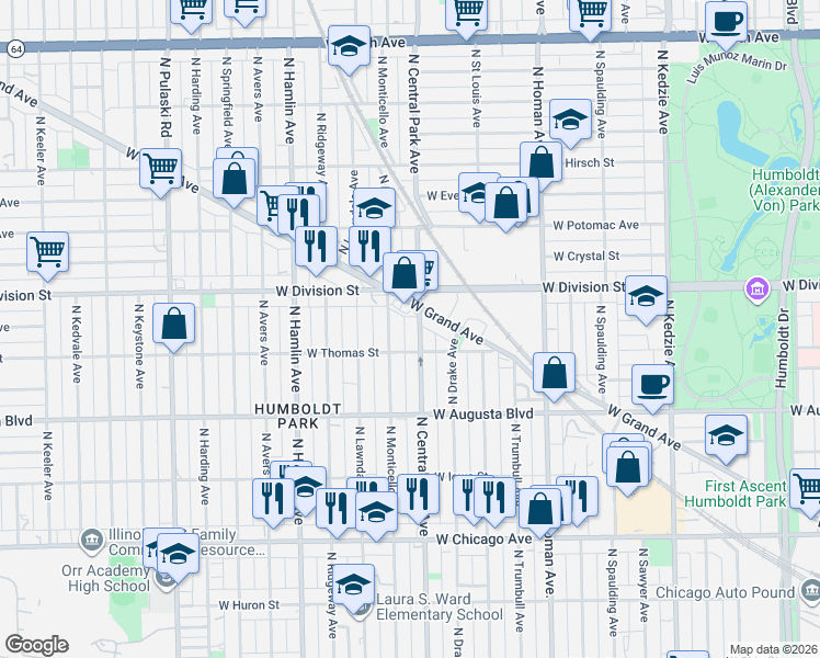 map of restaurants, bars, coffee shops, grocery stores, and more near 1100 North Central Park Avenue in Chicago
