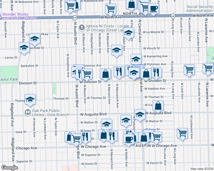 map of restaurants, bars, coffee shops, grocery stores, and more near 1122 North Menard Avenue in Chicago