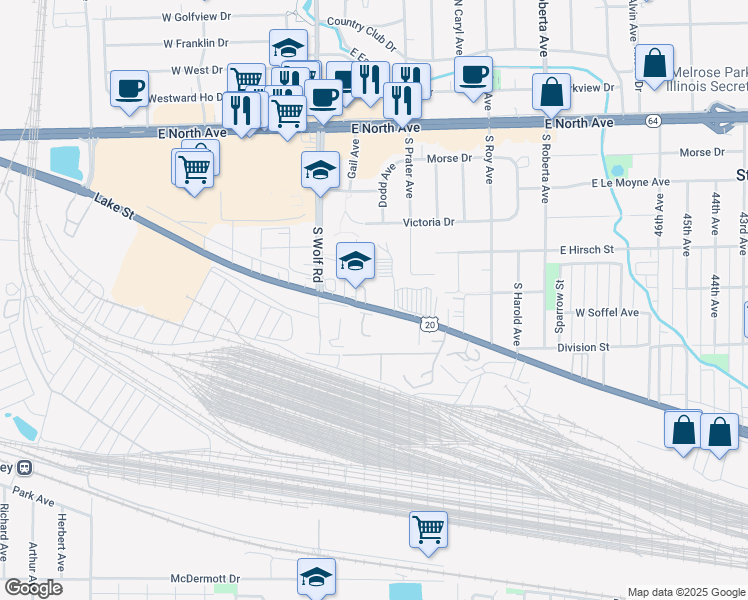 map of restaurants, bars, coffee shops, grocery stores, and more near 32 West Lake Street in Northlake