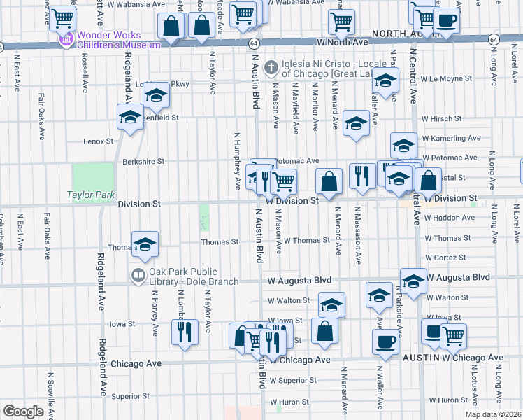 map of restaurants, bars, coffee shops, grocery stores, and more near 1145 North Austin Boulevard in Chicago