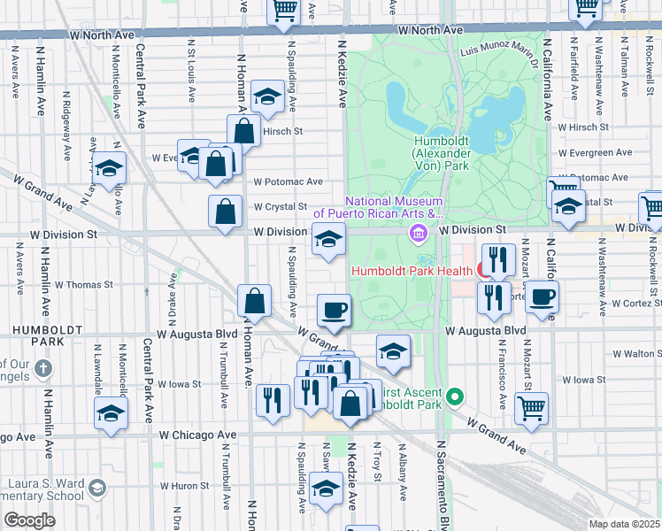 map of restaurants, bars, coffee shops, grocery stores, and more near 1116 North Kedzie Avenue in Chicago