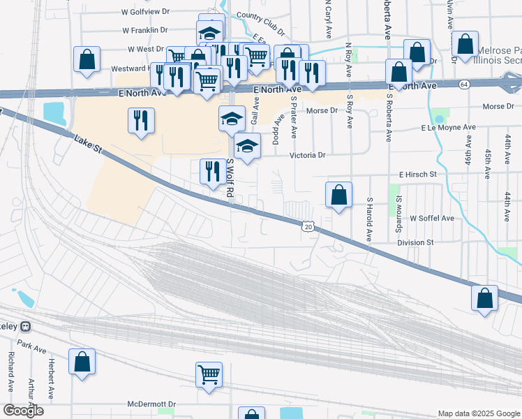 map of restaurants, bars, coffee shops, grocery stores, and more near 32 West Lake Street in Northlake