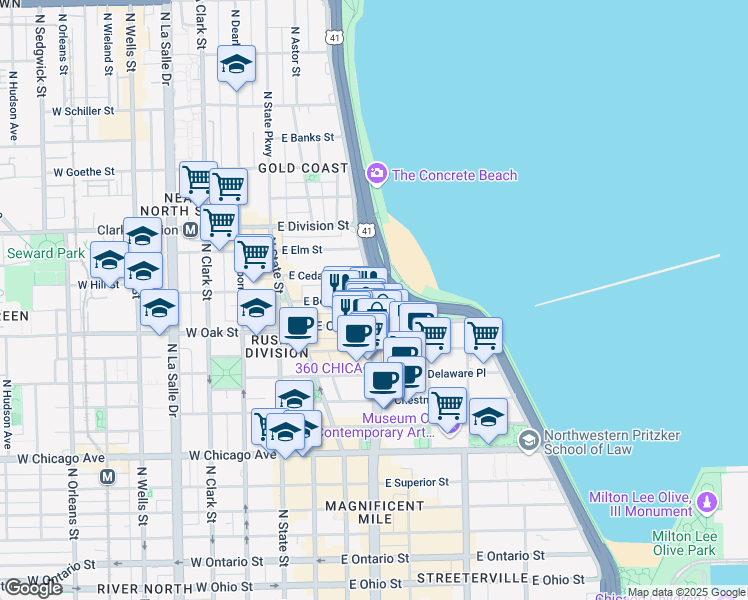 map of restaurants, bars, coffee shops, grocery stores, and more near North Lake Shore Drive & East Bellevue Place in Chicago