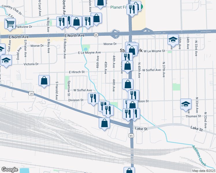map of restaurants, bars, coffee shops, grocery stores, and more near 401 45th Avenue in Northlake