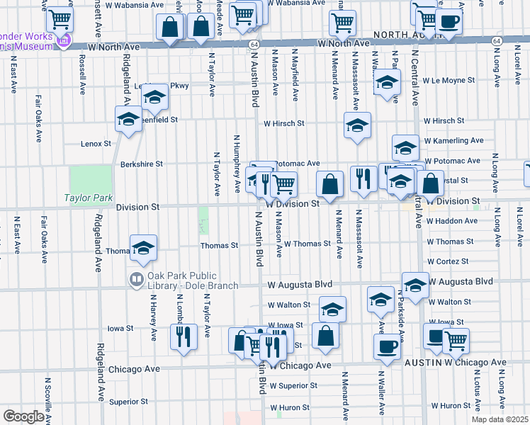 map of restaurants, bars, coffee shops, grocery stores, and more near 1145 North Austin Boulevard in Chicago