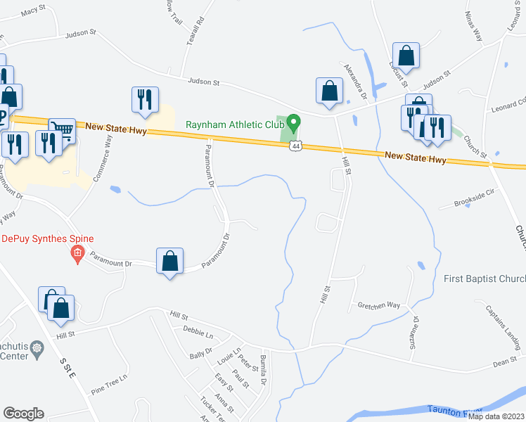 map of restaurants, bars, coffee shops, grocery stores, and more near 571 Paramount Drive in Raynham