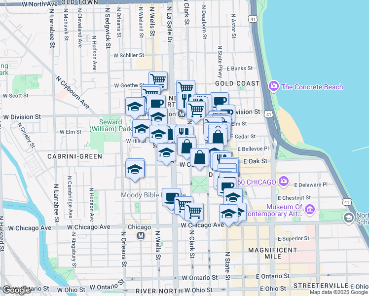 map of restaurants, bars, coffee shops, grocery stores, and more near 1030 North Clark Street in Chicago
