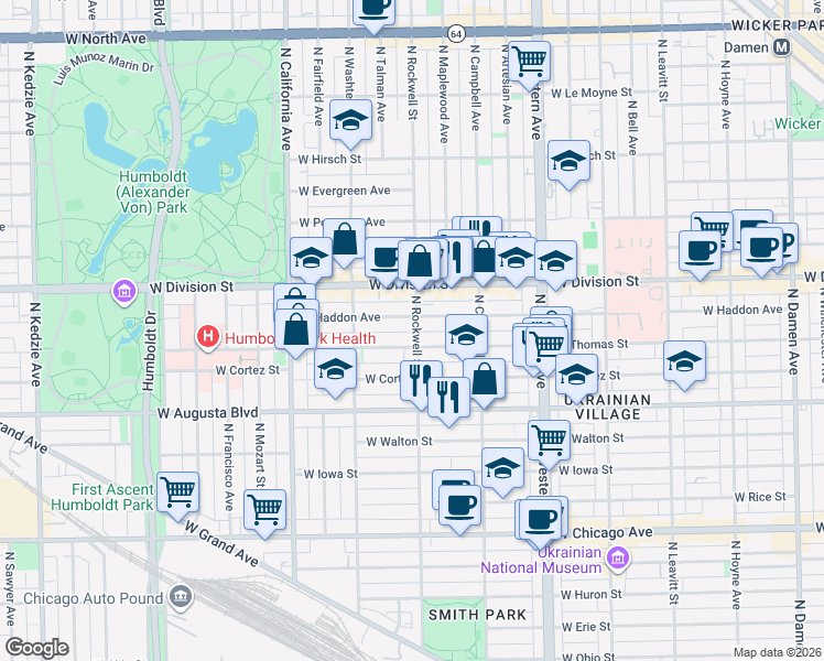 map of restaurants, bars, coffee shops, grocery stores, and more near 2551 West Thomas Street in Chicago
