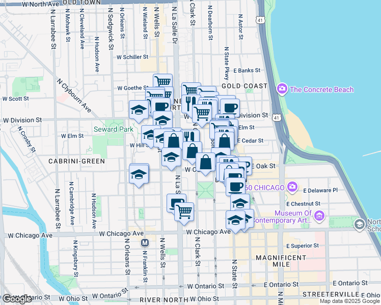 map of restaurants, bars, coffee shops, grocery stores, and more near 1030 North Clark Street in Chicago