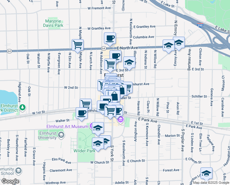 map of restaurants, bars, coffee shops, grocery stores, and more near 155 North York Street in Elmhurst