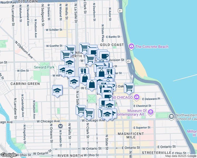 map of restaurants, bars, coffee shops, grocery stores, and more near 1035 North Dearborn Street in Chicago
