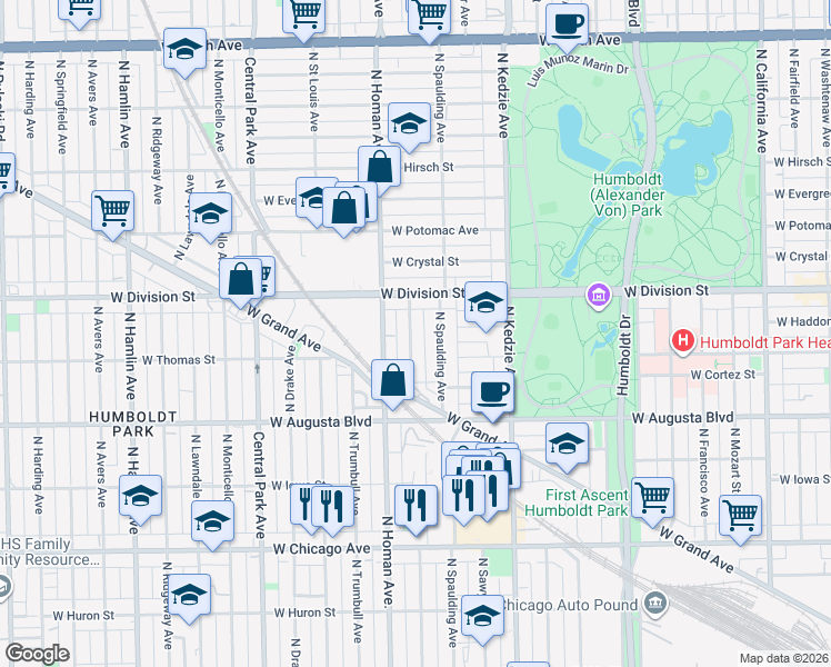 map of restaurants, bars, coffee shops, grocery stores, and more near 1123 North Christiana Avenue in Chicago