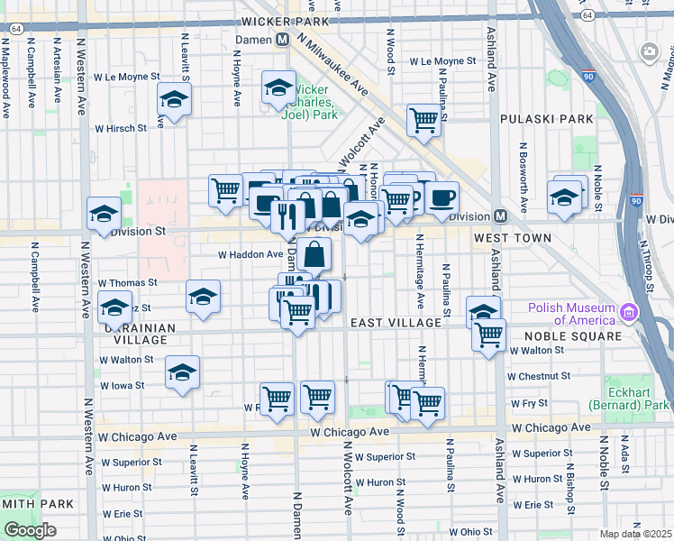 map of restaurants, bars, coffee shops, grocery stores, and more near 1048 North Wolcott Avenue in Chicago