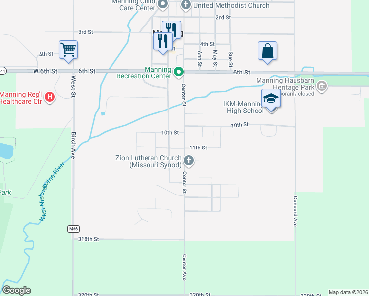 map of restaurants, bars, coffee shops, grocery stores, and more near 11th Street in Manning