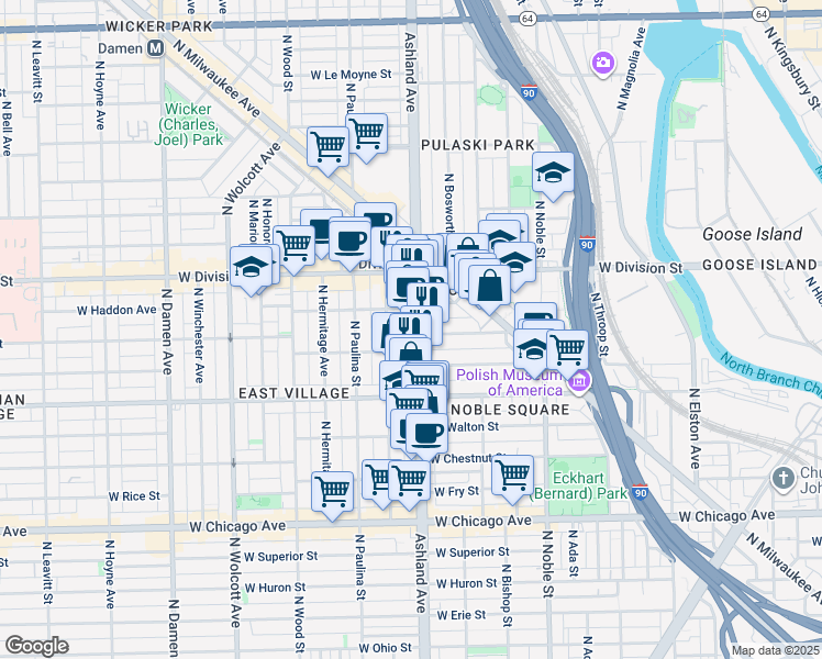 map of restaurants, bars, coffee shops, grocery stores, and more near 1102 North Ashland Avenue in Chicago