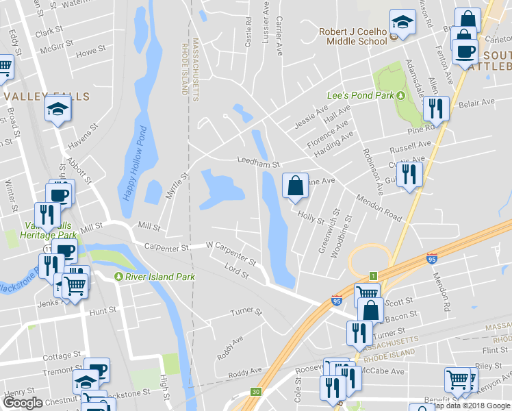 map of restaurants, bars, coffee shops, grocery stores, and more near 98 Pond Street in Attleboro
