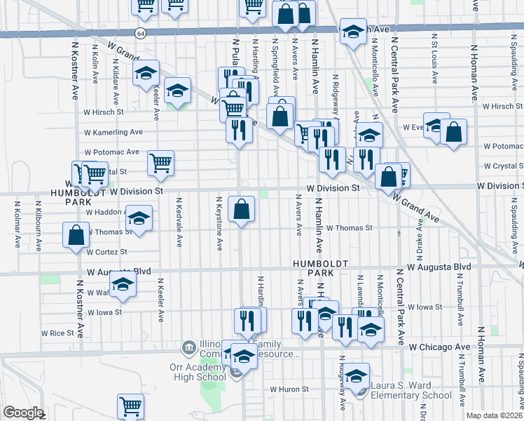 map of restaurants, bars, coffee shops, grocery stores, and more near 1160 North Harding Avenue in Chicago