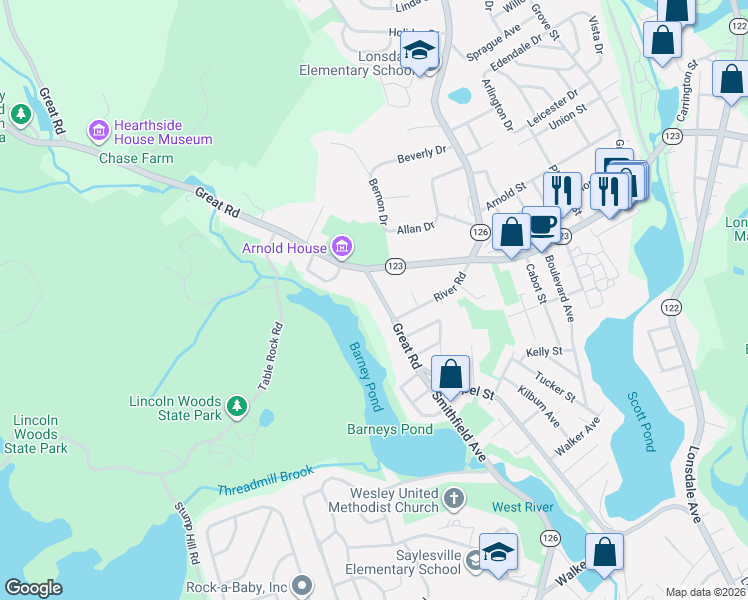 map of restaurants, bars, coffee shops, grocery stores, and more near 374 Great Road in Lincoln